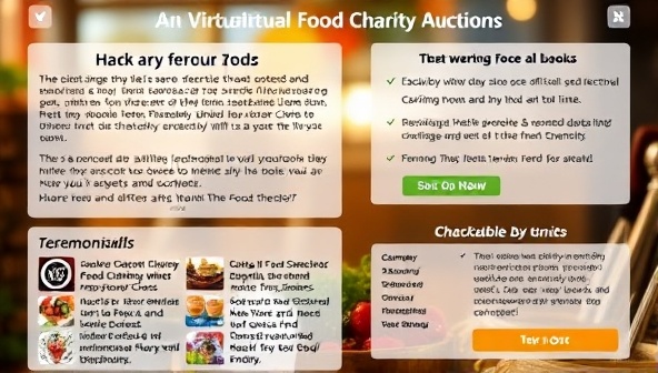 An inspiring image capturing the essence of a virtual food charity auction, featuring a diverse array of culinary items and experiences up for bid, alongside heartwarming testimonials, fundraising progress updates, and a visual representation of the charitable impact, evoking a sense of generosity, unity, and culinary goodwill.
