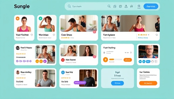 An interactive platform interface showcasing fitness professionals' profiles, workout videos, and client reviews, with a seamless booking system and progress tracking feature, highlighting the diversity and expertise available on the remote fitness coaching marketplace.