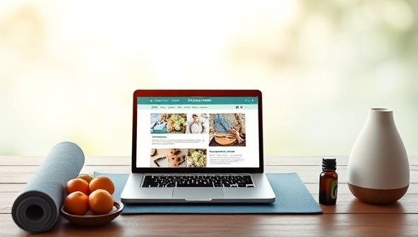 An inviting virtual wellness coaching session depicted by a serene background, a laptop displaying wellness resources, a yoga mat, a bowl of fruits, and a calming essential oil diffuser, conveying a sense of relaxation and holistic well-being.
