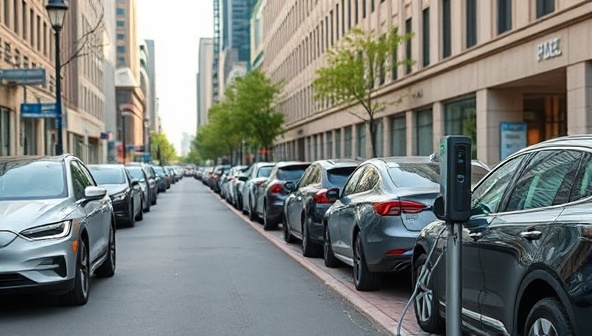 An image of a bustling city street lined with sleek electric vehicles charging at designated stations, showcasing the convenience and accessibility of the ChargeHub Club network.