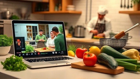 A vibrant kitchen setting with a laptop showing a live cooking class, fresh ingredients neatly arranged, and a chef demonstrating a culinary technique, evoking a sense of gourmet learning and culinary exploration.