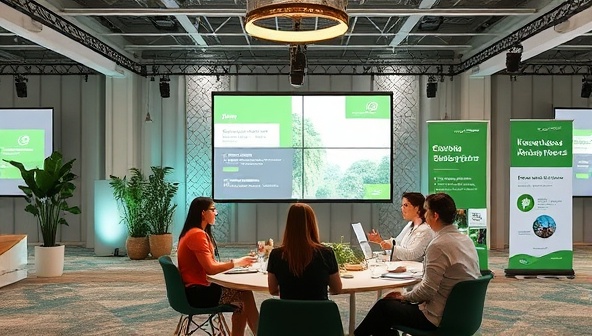 A virtual event planning scene with the EcoEvent Architects team coordinating a sustainable virtual gathering, featuring eco-friendly decor elements, digital event tools, and green sponsor banners, surrounded by a virtual event venue with interactive engagement features and minimal environmental impact, illustrating a modern and environmentally conscious event experience.