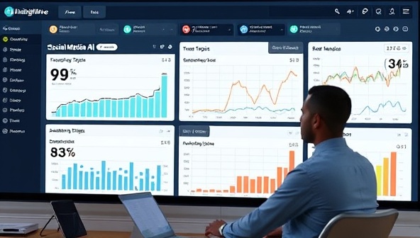 A digital dashboard displaying real-time social media analytics, trending topics, and sentiment analysis graphs, with a business owner analyzing the data and making strategic decisions, highlighting the actionable insights provided by InsightWave AI.