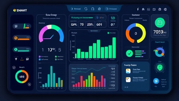 An illustration of a futuristic smart home dashboard displaying real-time energy consumption data, with interactive controls for adjusting settings and optimizing energy usage, highlighting the convenience and eco-friendly nature of the system.