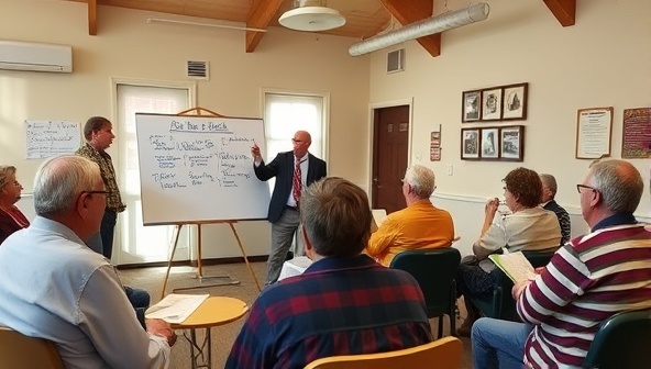 A community hall setup with participants engaged in a tax education workshop, a tax expert presenting tax concepts on a whiteboard, while attendees take notes and ask questions, illustrating an interactive and informative learning environment.