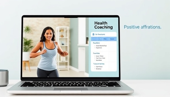 An engaging virtual health coaching session depicted on a laptop screen, with a coach guiding a client through a workout routine, a customized meal plan displayed on the side, and positive affirmations in the background, creating a motivating and supportive environment.