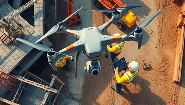 Aerial drone footage capturing a construction site from above, showing the intricate details of the building process, machinery in action, and surveyors analyzing data on a digital tablet, highlighting the efficiency and precision of drone-based architectural surveys.