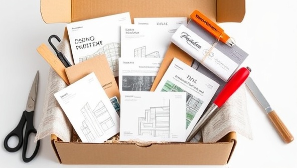 A subscription box filled with architectural tools, design samples, sketchbooks, and inspirational materials, creating a visually appealing and enticing package for architects and design enthusiasts.