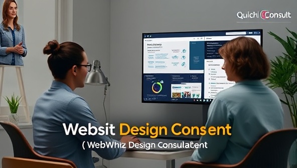 An online consultation setup with a professional web designer providing advice on a website design challenge through a virtual meeting, with screens displaying design solutions and tools, illustrating the instant and expert guidance offered by WebWhiz Consult, attracting clients seeking quick design solutions.