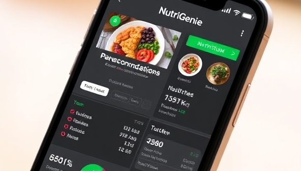 A smartphone screen displaying the NutriGenie app interface with personalized meal recommendations, nutrient breakdowns, and a user tracking their daily food intake, showcasing the app's functionality and user-friendly design for personalized nutrition management.