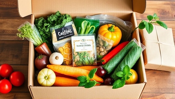 An eye-catching image of a meal kit box filled with fresh, colorful ingredients sourced from local farms, accompanied by reusable packaging and a small plant, symbolizing sustainability and eco-conscious meal preparation.