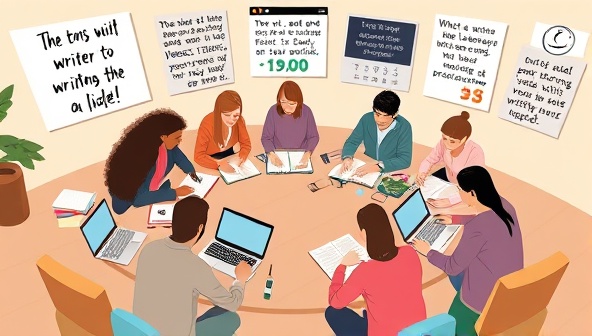 A digital illustration of a virtual writing circle gathering, with diverse writers sharing laptops and notebooks in a collaborative space, surrounded by motivational quotes, timers, and progress trackers, symbolizing unity, productivity, and mutual support in achieving writing goals within the WriteSync Circles community.