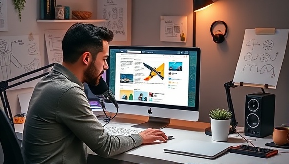 An interactive workspace with a designer speaking into a microphone, commanding website elements to adjust and transform on a computer screen, surrounded by innovative voice technology devices and design sketches, emphasizing the hands-free and intuitive nature of VoiceWebFlow.