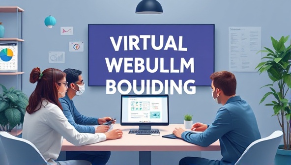An artistic representation of a virtual team building workshop with team members participating in a collaborative online challenge, supported by engaging visuals and interactive tools, fostering a sense of unity and camaraderie among remote team members.