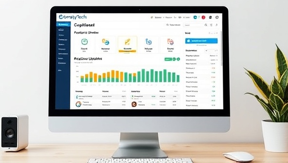 An informative visual of ComplyTech Solutions' compliance software dashboard on a computer screen, displaying compliance status indicators, regulatory updates, and task management tools, symbolizing the efficiency and control businesses gain through automated legal compliance management.
