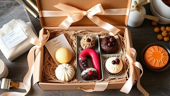 An elegantly designed subscription box overflowing with an assortment of beautifully crafted artisanal desserts, adorned with delicate ribbons and labels, set against a backdrop of pastry tools and ingredients, conveying a sense of luxury and indulgence.