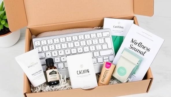A beautifully designed subscription box filled with wellness goodies, including a stylish ergonomic keyboard, calming essential oils, healthy snacks, a mindfulness journal, and a virtual yoga class pass, creating a holistic and rejuvenating experience for remote workers through ZenDesk Kits.