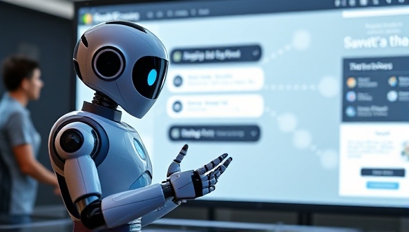 An AI chatbot engaging with a website visitor in a conversational manner, providing instant support and guiding the user through the website's features, emphasizing the personalized and interactive nature of BotWeb Solutions' chatbot integration services.