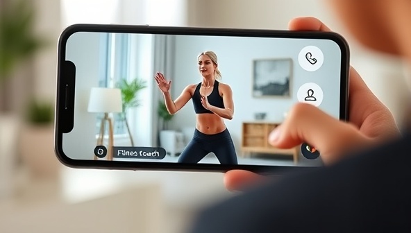 A smartphone displaying a virtual workout session with a fitness coach guiding a client through exercises in a home environment, emphasizing convenience and personalized support.