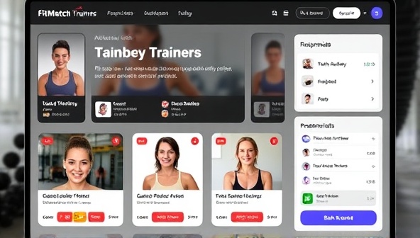 An interactive and engaging virtual marketplace interface with profiles of certified personal trainers, client testimonials, and a seamless booking system, highlighting the personalized and professional training services available on FitMatch Virtual Trainers.