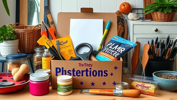 A colorful and inviting subscription box filled with tools, paints, and repair materials, surrounded by a variety of household items in need of fixing, creating a sense of empowerment and DIY satisfaction.