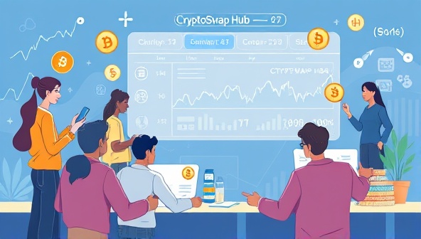 An engaging digital illustration of a diverse group of individuals trading cryptocurrencies on the CryptoSwap Hub platform, with dynamic price charts and secure transaction symbols, highlighting the convenience and accessibility of the exchange service.