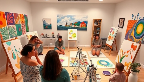 A virtual art studio setting with participants engaged in a calming art therapy session, surrounded by colorful artworks, paintbrushes, and soothing music, depicting a safe and nurturing environment for creative expression and healing.