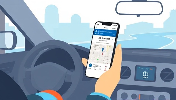 An illustration of a driver using the RoadGuard Online app on a smartphone to request roadside assistance, with a map displaying nearby service providers and a countdown timer for estimated arrival, showcasing the ease and peace of mind offered by the platform.