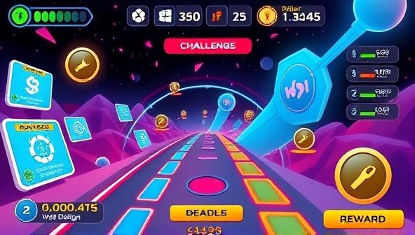 A dynamic and colorful game interface displaying a user navigating through web design challenges and earning points, badges, and rewards, creating a visually engaging and interactive learning experience that combines gamification with web design education.