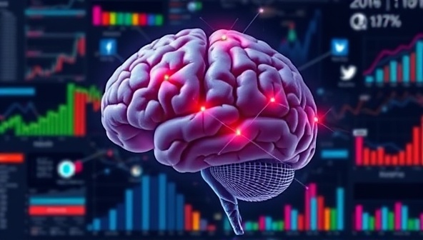 An AI-powered brain analyzing social media data streams with colorful graphs and charts, symbolizing the intelligence and data-driven insights provided by the AI-powered social media analytics service.