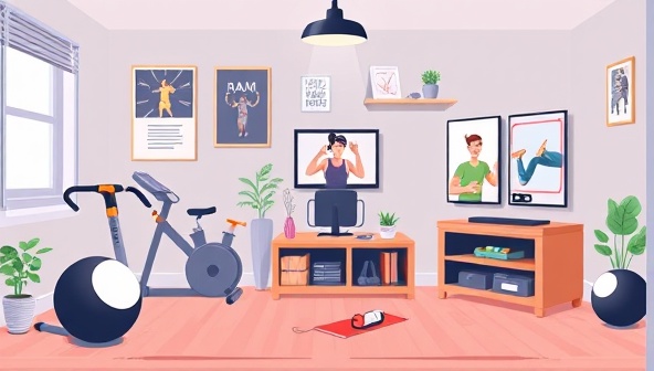 An engaging digital illustration featuring a sleek home gym setup with a variety of rented fitness equipment, a fitness tracker, motivational posters, and a virtual workout class on a screen, inspiring users to embrace a flexible and effective fitness routine at home.
