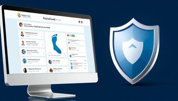 An individual's digital footprint displayed on a computer screen, with positive reviews, social media profiles, and optimized content, alongside a shield symbolizing protection and security, illustrating the online reputation management services provided by ReputaGuard Advisors.