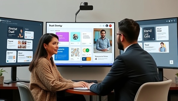 A virtual branding consultant presenting a brand strategy mood board and visual identity concepts to a startup founder via a video call, with digital tools and creative assets displayed on screens in the background, symbolizing the virtual consultancy approach of BrandVision Virtual.