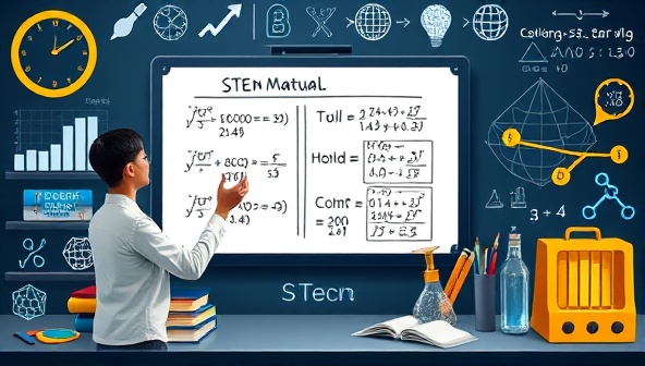 An educational and engaging visual featuring a virtual STEM tutor explaining a complex mathematical concept on a digital whiteboard, with equations and diagrams, surrounded by scientific symbols and tools, illustrating the platform's focus on academic support and STEM education.