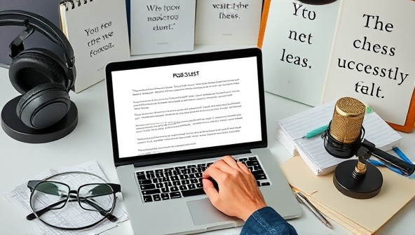 A professional workspace with a writer crafting a podcast script on a laptop, surrounded by headphones, a microphone, notepads, and inspirational quotes, reflecting the creative process and dedication to crafting compelling audio content.