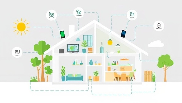 An innovative illustration of a smart home ecosystem with interconnected devices managing energy usage seamlessly, showcasing a modern and sustainable lifestyle that attracts environmentally conscious consumers to adopt the system for their homes.