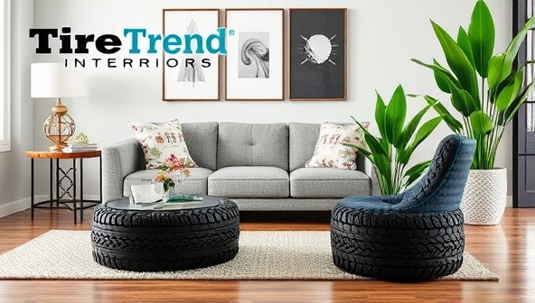 An artistic representation of a living room setting featuring TireTrend Interiors furniture pieces such as a coffee table, chair, and planter, creatively crafted from recycled tires, set against a backdrop of modern decor and green plants, highlighting style and sustainability.