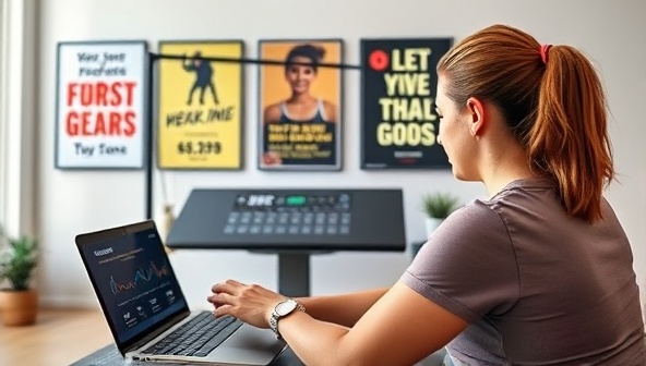 A virtual fitness coach guiding a client through an online workout session, with motivational posters in the background and digital fitness trackers displaying progress, illustrating convenience and personalized support.