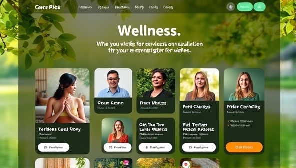 A virtual consultation platform interface displaying various wellness services and experts available for sessions, with serene nature backgrounds and calming visuals, conveying a sense of tranquility and holistic well-being.