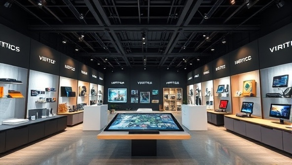 An immersive virtual showroom environment showcasing a range of products from various industries, with interactive features that allow users to explore and engage with products in a lifelike virtual setting, emphasizing the experiential and interactive nature of VirtuoShowcase