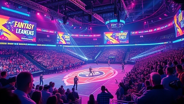 A futuristic digital illustration showcasing dynamic esports arenas with virtual fantasy teams competing in high-stakes matches, surrounded by cheering crowds and vibrant visual effects, illustrating the adrenaline-fueled excitement of eSportsFantasy Arena's immersive gameplay.