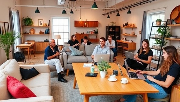 A vibrant co-living space with modern furnishings, a shared workspace with laptops and coffee mugs, and a diverse group of remote workers collaborating and socializing, capturing the essence of community and productivity at RemoteHive Co-Living.