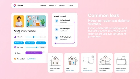 An interactive platform interface showing a user uploading a video of a leak, with a virtual expert providing real-time guidance on potential solutions, accompanied by illustrations of common leak locations in a household, highlighting the importance of early detection and prevention.