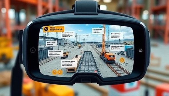 An AR headset displaying a realistic construction site environment with interactive training modules, safety instructions, and equipment demonstrations, illustrating the immersive and educational experience offered by the ARConstruct Academy platform.