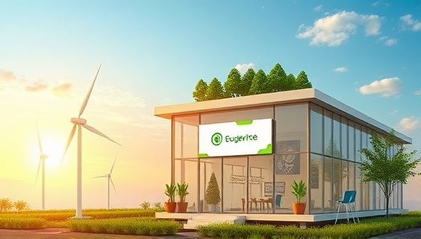 An artistic representation of a website design studio powered by renewable energy sources, featuring eco-friendly design elements and sustainable practices, symbolizing a commitment to environmental responsibility and innovation.