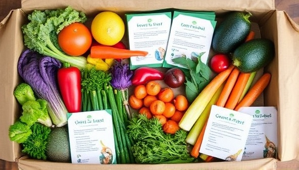An assortment of vibrant plant-based ingredients neatly arranged in eco-friendly packaging, with recipe cards and cooking instructions, creating an inviting and sustainable meal preparation experience for customers of GreenPlate Gourmet's meal kit delivery service.