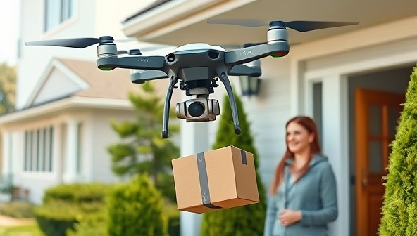 An aerial view of a drone gracefully dropping a package at a residential doorstep, with a smiling customer receiving the delivery, showcasing the convenience and efficiency of SkySwift's service.