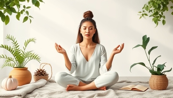 An uplifting visual featuring a virtual mental wellness coach guiding individuals through mindfulness exercises and emotional well-being practices via video sessions, surrounded by calming nature elements and wellness tools, promoting relaxation, self-care, and mental health support.