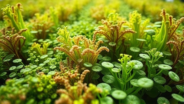 An artistic representation of a diverse array of algae species flourishing in a controlled cultivation environment, symbolizing the potential of AlgaProtein Innovations to revolutionize sustainable protein production using algae.