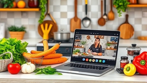 A vibrant and inviting kitchen setting with fresh ingredients, cooking utensils, and a laptop displaying a live cooking class, creating a dynamic and interactive cooking atmosphere.